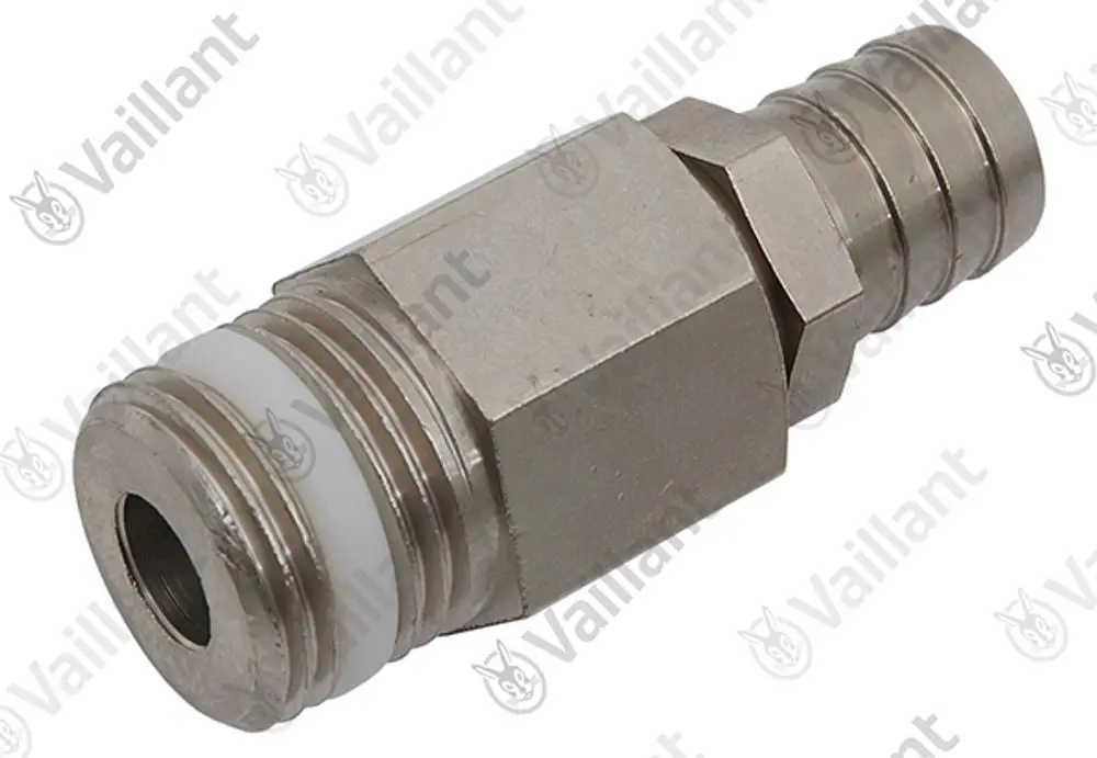 Vaillant Entleerungsventil aus Metall mit einer Gewindeverbindung auf der einen Seite und einer glatten Verbindung auf der anderen Seite.